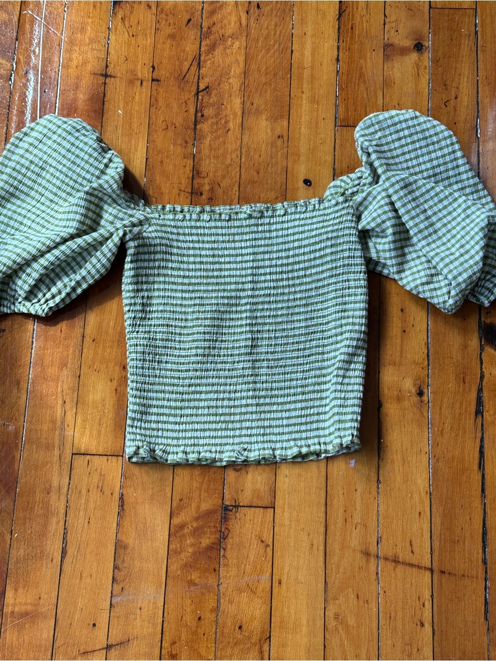 Reformation Green Gingham Puff-Sleeve Crop Top